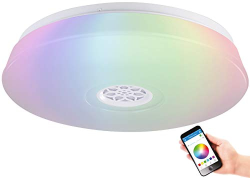 Luminea Deckenleuchte mit Radio: RGBW-LED-Deckenleuchte, Lichtwecker, Lautsprecher, App, 1.500 lm, 24 W (Deckenlampe mit Radio, Lampe mit, Box)