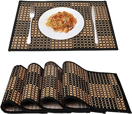 Bamboo Placemats Set of 4, Heat Resistant Place Mats for Dining Table, Durable Bamboo Table Mats, Stain Resistant & Easy Clean Placemats for Kitchen, Indoor/Outdoor Use 11.5 x 17.5 Inch