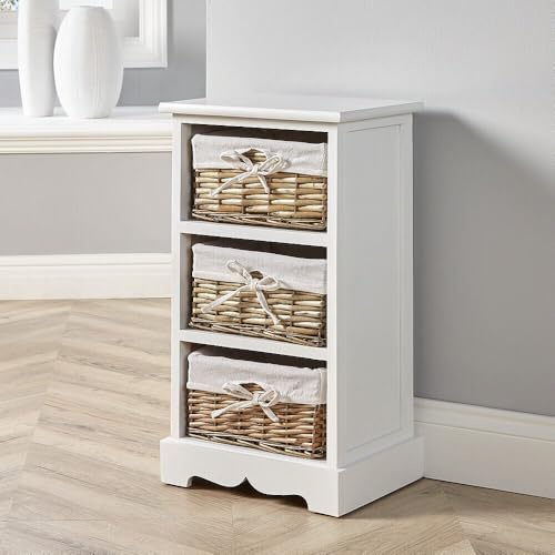 Home Source Bedroom Wooden Storage Unit, Woven Willow Wicker Baskets, 3 Drawer Cabinet Chest, White