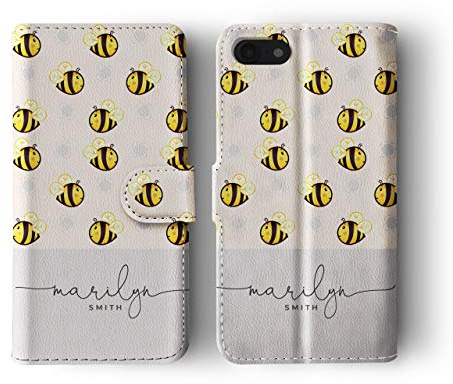 Tirita Personalised Initials Custom Wallet Leather Flip Phone Case Compatible with iPhone 11 PRINTED GLITTER, NOT REAL GLITTER Honey Bees Bumblebees