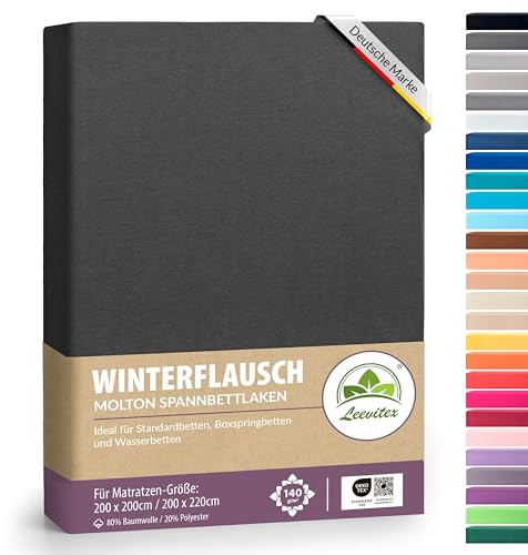 Winter Spannbettlaken | Farbenfrohes Thermo Fleece | Spannbetttuch, Bettlaken in vielen Größen und Farben (200x220 cm +40cm Steg, Anthrazit/Grau)