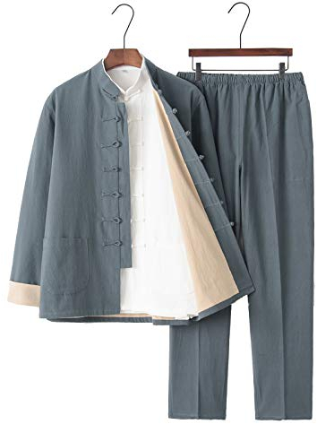 Klassische Tang Anzüge Kung Fu Martial Arts Uniformen Sets - Herren Langärmelig Kampfkunst Taichi Praxis Kleidung für Männer Frauen(Color:grau Grün,Size:2XL)