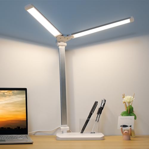 iVict Dual Swing Arm LED Desk Lamps, 5 Light Modes x 10 Brightness Levels Desk Light with USB Charging Port, 45 Minutes Auto Timer Table Lamp, Desk Lamp for Home Office, Bedroom, Reading