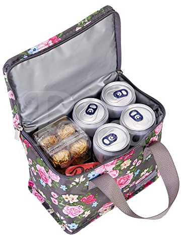 Periea Liz Insulated Lunch Bag – Cool Bag for Work, School, Travel & Picnics (Floral Grey, Small)