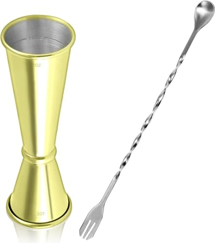 Jigger Doseur Cocktail Double Doseur de Liqueur en Acier Inoxydable Japonais Style Mesure de Bar avec Cuillère à Cocktail pour Bar Maisons Fête Boisson Vin Or