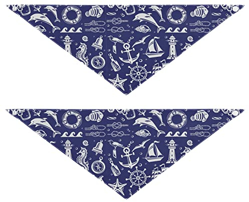 2 Stück Hundehalstücher Haustier Bandana Schal Druckknopf Dreieck Lätzchen Halstuch Set Haustier Urlaub Zubehör Dekor für kleine bis große Welpen Hunde Katzen Medium Sea Icons Marineblau