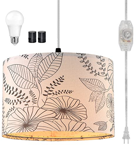 CINSARY Plug in Pendant Light, Hanging Light with Plug in Cord with Dimmable Switch, Hanging Lamp with 15 ft Clear Cord, Pendant Lights Fixture for Bedroom Kitchen Island (Bulb Included)