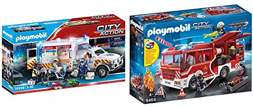 PLAYMOBIL City Action 70936 Rettungs-Fahrzeug: US Ambulance mit abnehmbarem Dach & City Action 9464 Fire Engine with Light and Sound and Working Water Cannon, Toy for Children Ages 4+