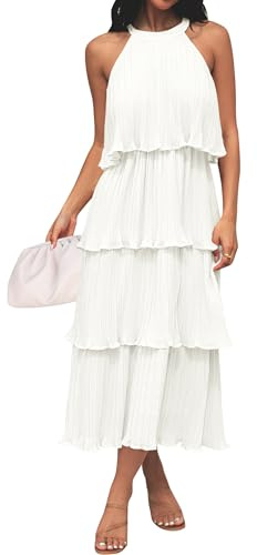 ZESICA Women's 2025 Summer Sleeveless Halter Neck Ruffle Tiered Layed Chiffon Flowy Swing Long Midi Dress,White,Medium
