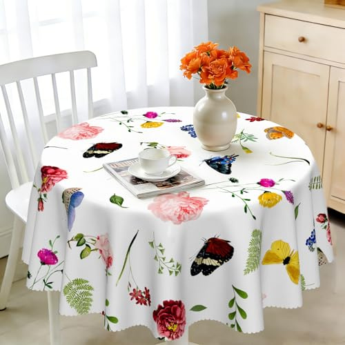 iEvery Tischdecke Frühling Rund 150 Abwaschbar, Tischdecke Floral Gartentisch Gartentischdecke für Draußen Polyester Outdoor Table Cloth Waterproof für Küche Esstisch Garten Party