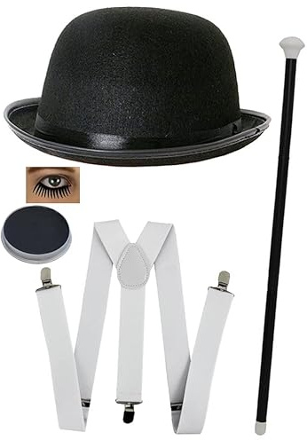 Ensemble d'accessoires de déguisement pour adultes Chapeau melon noir, bretelles blanches, canne et peinture noire
