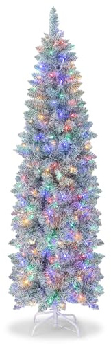 COSTWAY Albero di Natale Slim 150/180 cm, Albero con 190/250 Luci LED Colorate, Base in Metallo Pieghevole, Per Casa e Ufficio (180 cm)