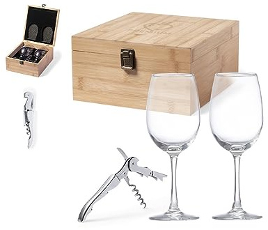 Adri. Set de vinos para regalar. Caja de bambú con 2 copas de cristal para vinos y sacacorchos, Regalos originales para mujeres y hombres.