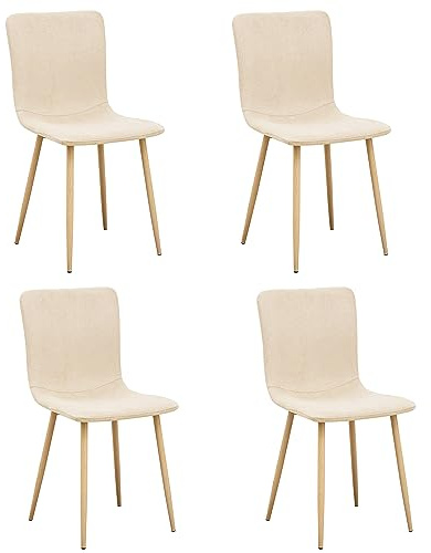 HOMYLIN Juego de 4 tapizadas de Lino, Laterales pequeñas sin reposabrazos para Cocina, sillas de Comedor, Patas cuadradas de Metal Nogal, Beige, 39.5 x 49.5 x 85.5cm