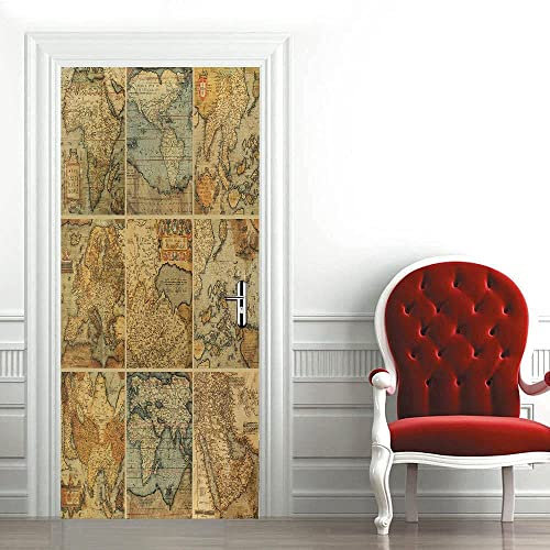Türaufkleber Selbstklebend Vintage Weltkarte 90 X 210 Cm Türaufkleber Wc Kinderzimmer Schlafzimmer,Tür Verschönern Mit Türfolie Türposter,Türaufkleber 3D Langlebig Und Wasserdicht Türaufkleber - Türf