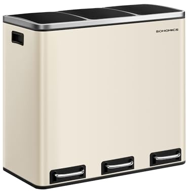 SONGMICS Cestino da Cucina, Pattumiera per Raccolta Differenziata 3 x 18L, 3 Scomparti per Riciclaggio, Coperchi a Chiusura Morbida, Pedali, Acciaio, Beige Sabbia LTB054A02