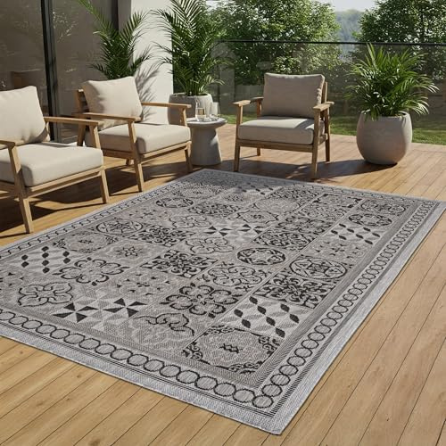 TAPISO Melissa In & Outdoorteppich Grau Schwarz Mosaik 160 x 230 cm | UV-Resistent strapazierfähiger Teppich mit Sisaloptik für Küche Flur Wohnzimmer Balkon Terrasse Modern OEKO-TEX