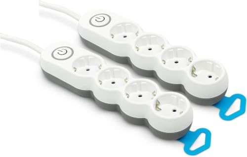 Garza - 2er-Pack Mehrfachsockel mit 4 Steckern, 1,4 Meter Kabel, Flachstecker, mit Schalter, Kinderschutz, Weiß