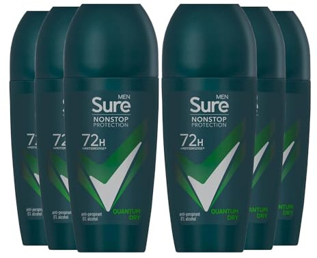 Sure Antiperspirant 72H Nonstop Sweat and Odour Protection Alcohol-Free Roll On with Citrusy, Spicy and Woody Scent Multi Fragrance Deodorant for Men, 50ml Pack of 6 (Quantum Dry)