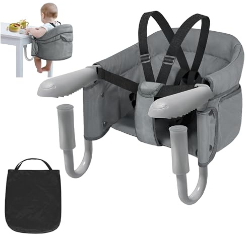 YARDIN bordsstol baby vikbar babystol boostersits med halkfria klämmor och bärväska kan belastas upp till 15 kg, perfekt för resor eller hemma, med bärväska (grå)