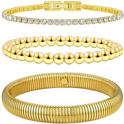 OIDEA Damen Tennis Armband Gold: 3 Stück Set Tennis Armkette mit Zirkonia & elastisch Kugelkette & breit Armreif aus Edelstahl Mode Schmuck Geschenk für Frauen Mädchen Mutter Freundin