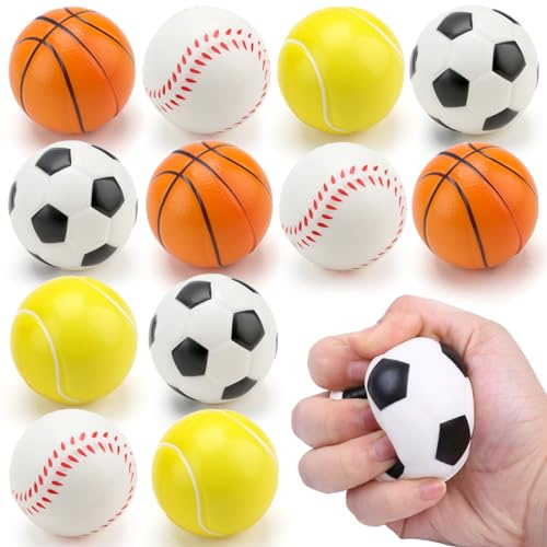 12 Stück Stressbälle, Mini Schaumstoffbälle, Schaum Antistressball, Sportbälle Klein, Fußball Basketball Tennis Baseball Stressbälle, Antistressball für Fußball Party Geburtstag