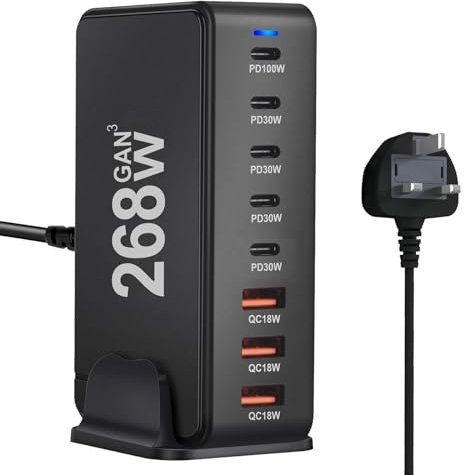 AXFEE Multi USB Charger, 268W USB C Fast Charger 8Port USB C Plug, Portable USB and Type C Charging Station, Wall Charger Power Strip Adapter Compatible with iPhone/iPad/Airpods/Samsung/Huawei