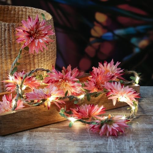 LED Lichterkette Blumen Dahlien Blumengirlande 30 warmweiße LED Batteriebetreib mit Timer Sommer Hochzeit Deko L: 2,9m - pink