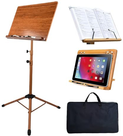 EASIDAYFAN Notenständer aus Holz, tragbarer Notenständer mit Tragetasche, Bambusleiter-Podium-Lekterpultständer, zusammenklappbar mit verstellbarer Höhe und Winkel für Zuhause oder Studio