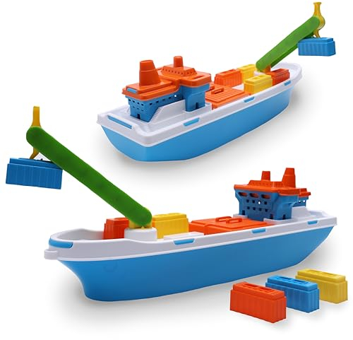 Toyland® 41cm (16) Navire Cargo Coloré de avec Portes Mobiles, Grue et 6 Conteneurs en Plastique - Jouet Aquatique Flottant pour Enfants - Jouets pour Piscine et Bain - 3 Ans et Plus