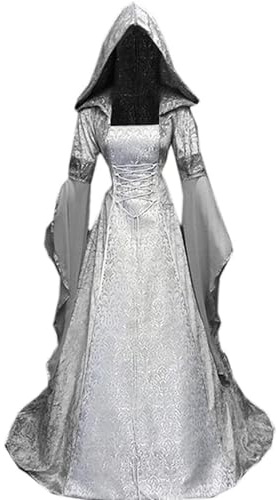 Damen Gothic Kleid mit Kapuze, Mittelalter Renaissance Halloween Kostüm | Kapuze, Samt-Jacquard-Kleid, Transparente ausgestellte Ärmel, Taillenschnürung, Viktorianischem, Halloween, Cosplay, Partys