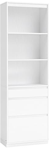 VASAGLE Kailyn Kollektion - Bücherregal, Hochschrank, 3 unterschiedlich große Schubladen, verstellbare Ablagen, Wohnzimmer Schlafzimmer Arbeitszimmer, modern, platzsparend, schneeweiß LBC188W01