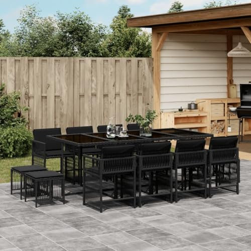 Homgoday Gartenmöbel-Set, Esstisch-Set für den Garten, 13-teilig, mit schwarzen Kissen aus Polyrattan, Gartenmöbel, Tisch und Stühle für den Außenbereich