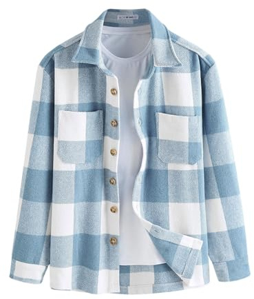 ZAFUL Lässig Kariertes Button Down Hemdjacke Herren Langarm Regular Fit Shacket mit Taschen (1-Hellblau,L)