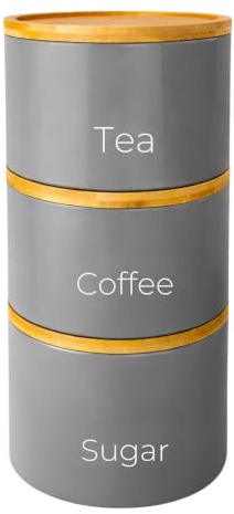 Set of 3 Stackable Tea Coffee Sugar Canister Airtight Food Storage Containers Sugar Jars Tin (Grey)