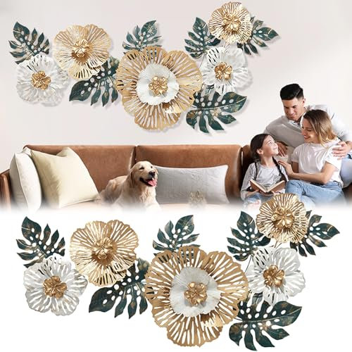 Wanddeko Wohnzimmer, 138 x 57cm 3D Wanddekoration Wohnzimmer Wall Wanddekoration Blumen Wandskulpturen Metall Wanddeko Hängende Deko Sofa Hintergrund Büro Wandornamente Wandskulpturen mit 4 Schrauben
