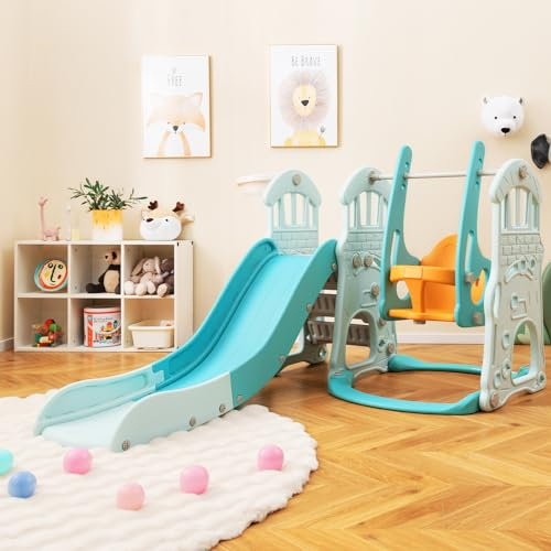 RELAX4LIFE 4 in 1 Scivolo per Bambini, Parco Giochi con Scivolo, Altalena, Canestro da Basket e Scaletta da Arrampicata, Set di Gioco da Interno ed Esterno, 18 Mesi+(Verde Piscina)
