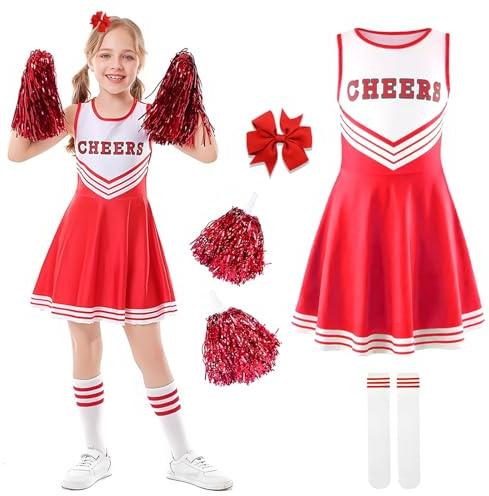 Ronronner Cheerleader Kostüm Kinder, Cheerleader Kostüm Damen, Cheerleading Uniform Kleid mit Socken und Kopfschmuck für Karneval, Fasching, Mottoparty (Red, 120)