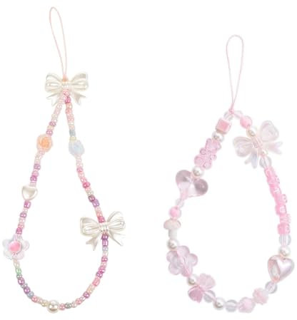 2pcs Charme de Téléphone, Chaîne Anti-Perte de Téléphone, Lanière de Téléphone en Perles, Cordon Telephone Portable,Rose Longe de Téléphone Portable, Bijoux de Telephone