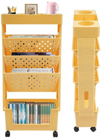 DHQCQL Lagerregal Kleines Bücherregal Rollen Rollwagen, Faltbarer Rollwagen mit 5 Ebenen und 360° Arretierbar Drehbare Räder, Standregal für Wohnzimmer Küche Bibliothek Schlafzimmer Büro (Orange)