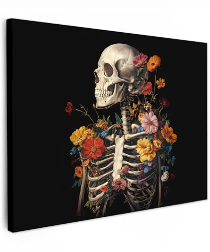 MuchoWow© Bilder Wohnzimmer Deko Modern Wandbild Kunstdruck auf Leinwand | 70x50 cm - Bild Schlafzimmer über Bett Room Decor Geschenke Skelett - Blumen - Schädel - Bunt