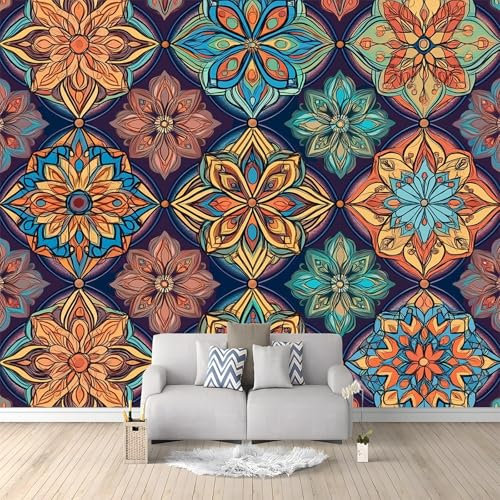 Fototapete Retro-Mandala-Muster Vlies Tapete 250 x 175 cm 3D Effekt Wandbild Wandtapete Moderne Wohnzimmer Mural Schlafzimmer Kinderzimmer Wand Küchentapete Wandtapete Gelb Blau