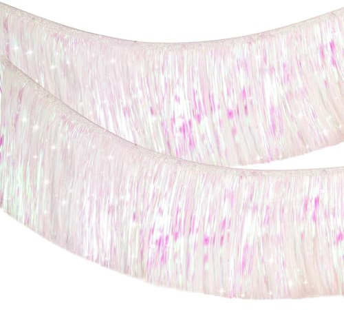 G2PLUS 2m Iridescent White Fringe Garland, 20cm Holographic Tinsel Fringing, Glitter Tinsel Garland, Shiny Backdrop Party Streamers for Birthday Wedding Prom Decoration