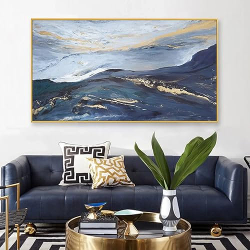 LMYCHENG Abstraktes handgemaltes Ölgemälde „Fließende Wolken, Meer“, Poster und Drucke, Blattgold, Wandkunst, Bilder, Wohnzimmerdekor, 50 x 100 cm, Rahmen