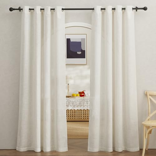PONY DANCE Rideau Voilage Beige - Rideaux Voile en Lin avec Oeillets | Draperies Demi Transparent,Décoration de Maison Fenetre Chambre Porte,Largeur 140cm sur Hauteur 210cm,Beige Clair,Lot de 2