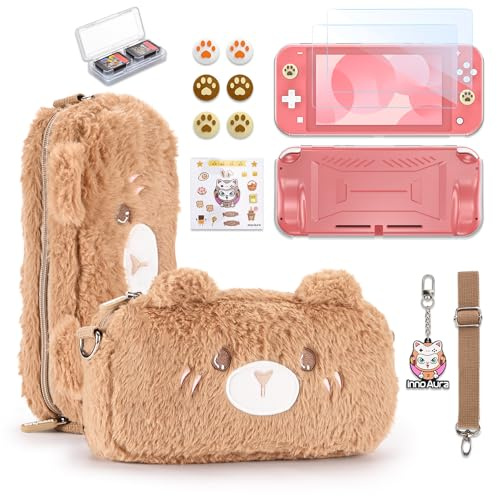 Funda innoAura Switch Lite, paquete de accesorios 14 en 1 con una bonita funda de transporte, protector de pantalla, funda para el juego y tapas para los pulgares (Oso marrón)