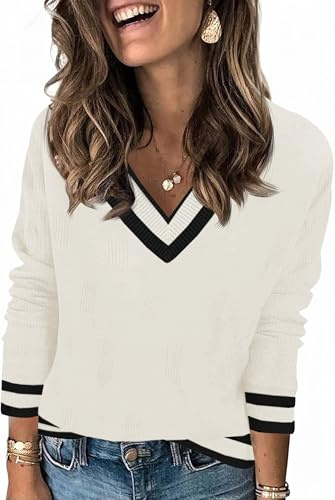 Saodimallsu Damen Pullover Langarm V-Ausschnitt Strickpullover Leicht Gestreifte Strick Tops Lässig Basic Pulli Herbst Winter Oberteile