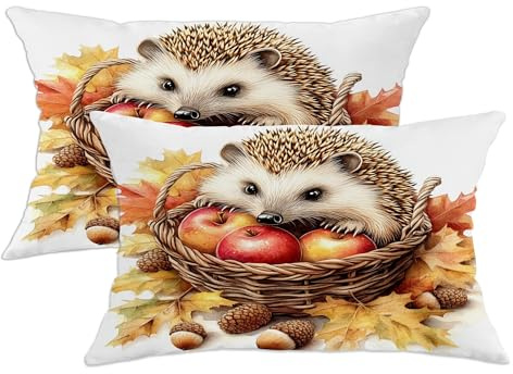 Juego de 2 fundas de almohada de erizo otoñal, fundas de cojín decorativas de criaturas del bosque, bonita decoración de cosecha para el hogar, sofá, cama, sofá, 20 x 12 pulgadas