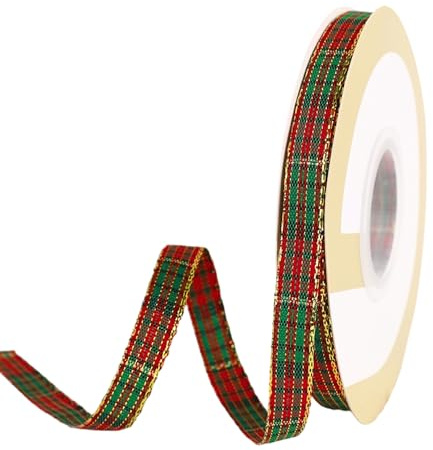 Cinta decorativa para Navidad Rojo Verde a cuadros, cinta de regalo para Navidad, estrecha de 15 mm, 25 yardas, cinta con borde dorado para regalo, árbol de Navidad y decoración navideña