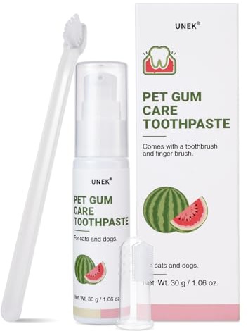UNEK Dentifricio per cani e gatti, gusto anguria – Kit per la cura di gengive e dei denti, con 2 spazzolini, lenisce le gengive e rinfresca l’alito, 30 g